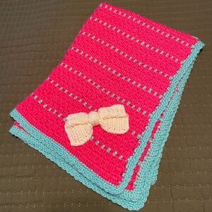 Crocheted Pink Blanket with Hello Kitty Inspired Bow